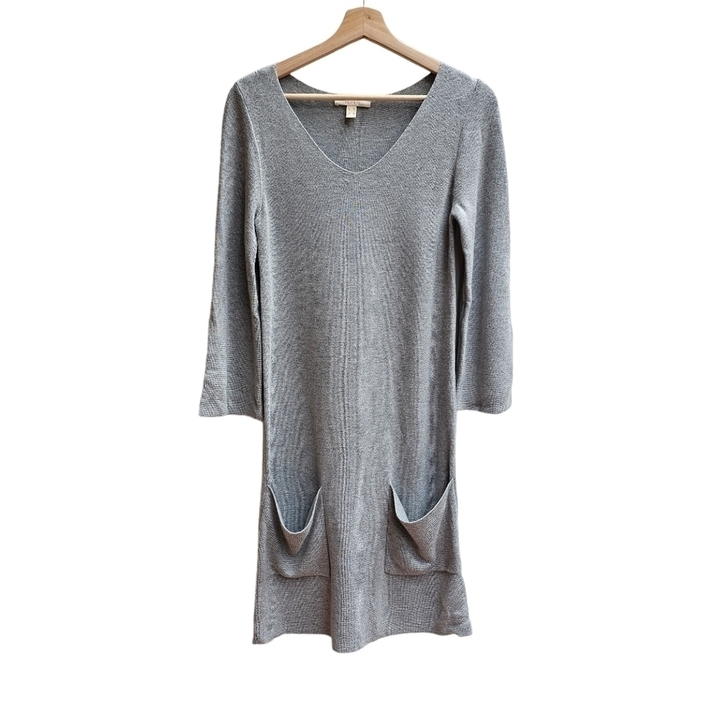 Vintage 90s Esprit Grey Knit V-Neck Sweater Dress Slouchy Pockets XS